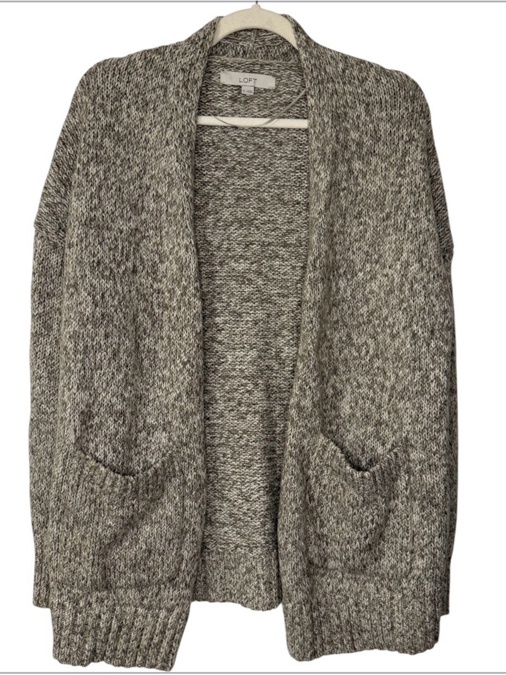 LOFT Marled Brown Cotton Blend Open-Front Cardigan with Pockets